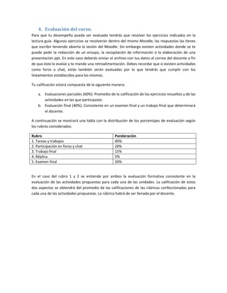 4. Evaluación del curso. 
Para  que  tu  desempeño  pueda  ser  evaluado  tendrás  que  resolver  los  ejercicios  indicados  en  la 
lectura guía. Algunos ejercicios se resolverán dentro del mismo Moodle; las respuestas las tienes 
que escribir teniendo abierta la sesión del Moodle.  Sin embargo  existen actividades donde se te 
puede  pedir  la  redacción  de  un  ensayo,  la  recopilación  de  información  o  la  elaboración  de  una 
presentación ppt. En este caso deberás enviar el archivo con tus datos al correo del docente a fin 
de que éste lo evalúe y te mande una retroalimentación. Debes recordar que si existen actividades 
como  foros  o  chat,  estás  también  serán  evaluadas  por  lo  que  tendrás  que  cumplir  con  los 
lineamientos establecidos para los mismos. 

Tu calificación estará compuesta de la siguiente manera: 

    a. Evaluaciones parciales (60%): Promedio de la calificación de los ejercicios resueltos y de las 
       actividades en las que participaste. 
    b. Evaluación final (40%): Consistente en un examen final y un trabajo final que determinará 
       el docente. 

A continuación se mostrará una tabla con la distribución de los porcentajes de evaluación según 
los rubros considerados: 

Rubro                                                   Ponderación 
1. Tareas y trabajos                                    40% 
2. Participación en foros y chat                        20% 
3. Trabajo final                                        15% 
4. Réplica                                              5% 
5. Examen final                                         20% 
 

En  el  caso  del  rubro  1  y  2  se  entiende  por  ambos  la  evaluación  formativa  consistente  en  la 
evaluación  de  las  actividades  propuestas  para  cada  una  de  las  unidades.  La  calificación  de  estos 
dos  aspectos  se  obtendrá  del  promedio  de  las  calificaciones  de  las  rúbricas  confeccionadas  para 
cada una de las actividades propuestas. La rúbrica habrá de ser llenada por el docente. 

                                     
 