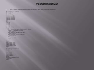  Dado N números por teclado determinar cuántos están entre 15y25, 26y35, 36y75 y cuántos están fuera de rango.
Private Sub Command1_Click()
Dim i As Integer
Dim n As Integer
Dim num As Integer
Dim cont1 As Integer
Dim cont2 As Integer
Dim cont3 As Integer
Dim cont4 As Integer
i = 1
n = 0
cont1 = 0
cont2 = 0
cont3 = 0
cont4 = 0
n = Val(Text1.Text)
While i <= n
num = Val(InputBox("Ingrese número deseado:", "num"))
If (num >= 15 And num <= 25) Then
cont1 = cont1 + 1
ElseIf (num >= 26 And num <= 35) Then
cont2 = cont2 + 1
ElseIf (num >= 36 And num <= 75) Then
cont3 = cont3 + 1
Else
cont4 = cont4 + 1
End If
i = i + 1
Wend
Label7.Caption = cont1
Label8.Caption = cont2
Label9.Caption = cont3
Label10.Caption = cont4
End Sub
Private Sub Command2_Click()
Text1.Text = ""
Text1.SetFocus
Label7.Caption = ""
Label8.Caption = ""
Label9.Caption = ""
Label10.Caption = ""
End Sub
Private Sub Command3_Click()
Form5.Hide
End Sub
 