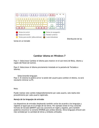Distribución de las
teclas en un teclado
Cambiar idioma en Windows 7
Paso 1: Seleccionar Cambiar el idioma para mostrar en el sub menú de Reloj, idioma y
región del Panel de Control.
Paso 2: Seleccionar el idioma previamente instalado en la pestaña de Teclados e
idiomas.
Seleccionando lenguajes
Paso 3: El sistema le pedirá cerrar la sesión del usuario para cambiar el idioma, no será
necesario reiniciar su PC.
Nota:
Puede realizar este cambio independientemente por cada usuario, solo repita este
procedimiento por cada usuario registrado.
Manejo de los lenguajes de entradas
Los dispositivos de entradas (keyboards) también varían de acuerdo a los lenguajes y
regiones al igual que en el arreglo de las letras. Por ejemplo existe el muy conocido
formato de teclado QWERTY para los caracteres en inglés y español, pero también
podemos encontrar la variante DVORAK para ambos idiomas. Otros lenguajes ofrecen aún
más variedad por la cantidad de letras y símbolos utilizados.
 