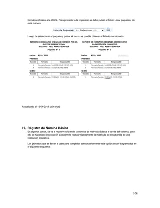 106
formatos oficiales a la UGEL. Para proceder a la impresión se debe pulsar el botón Listar paquetes, de
esta manera:
Luego de seleccionar el paquete y pulsar el ícono, es posible obtener el listado mencionado:
Actualizado al 19/04/2011 (por ehzr)
19. Registro de Nómina Básica
En algunos casos, se va a requerir solo emitir la nómina de matrícula básica a través del sistema, para
ello se ha creado esta opción que permite realizar rápidamente la matrícula de estudiantes de una
institución educativa.
Los procesos que se llevan a cabo para completar satisfactoriamente esta opción están diagramados en
el siguiente esquema:
 