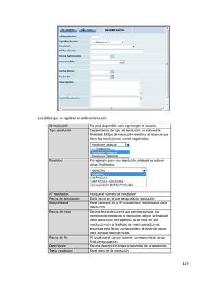 119
Los datos que se registran en esta ventana son:
Id resolución No está disponible para ingreso por el usuario.
Tipo resolución Dependiendo del tipo de resolución se activará la
finalidad. El tipo de resolución identifica el alcance que
tiene las resoluciones siendo registradas.
Finalidad Por ejemplo para una resolución jefatural se activan
estas finalidades.
N° resolución Indique el número de resolución
Fecha de aprobación Es la fecha en la que se aprobó la resolución
Responsable Es el personal de la IE que se hace responsable de la
resolución.
Fecha de inicio Es una fecha de control que permite agrupar los
registros de interés de la resolución, según la finalidad
de la resolución. Por ejemplo, si se trata de una
resolución con la finalidad de matrícula adicional,
entonces esta fecha corresponderá al inicio del rango
para agrupar las matrículas.
Fecha de fin Al igual que el campo anterior, corresponde al rango
final de agrupación.
Descripción Es una descripción breve o resumida de la resolución.
Texto resolución Es el texto de la resolución
 