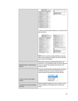 19
Y esta es la misma boleta impresa con un valor de 45 en
este parámetro:
NOTA: Ante un cambio en este parámetro, el usuario
debe volver a generar las boletas de información para
que se vean los resultados.
Registrar/Imprimir apreciaciones
del tutor
Esta opción indica si las apreciaciones del tutor se
imprimen o no en la libreta de notas. El check indica que
si se va a imprimir las apreciaciones del tutor en la
libreta de notas.
Líneas en blanco para registro
manual
Si es que el check anterior fue desmarcado, entonces
mediante esta opción se indica cuántas líneas se
reservará para las apreciaciones escritas del tutor.
Visualización de datos de libretas
de notas
Permite indicarle al sistema si se va a imprimir o no el
Orden de Mérito y el Promedio final en la libreta de
notas.
 