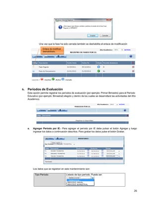 26
Una vez que la fase ha sido cerrada también se deshabilita el enlace de modificación
6. Períodos de Evaluación
Esta opción permite registrar los períodos de evaluación (por ejemplo: Primer Bimestre) para el Período
Educativo (por ejemplo: Bimestral) elegido y dentro de los cuales se desarrollará las actividades del Año
Académico.
a. Agregar Período por IE.- Para agregar el período por IE debe pulsar el botón Agregar y luego
ingresar los datos a continuación descritos. Para grabar los datos pulse el botón Grabar.
Los datos que se registran en este mantenimiento son:
Tipo Período Listado de tipo periodo. Puede ser:
Enlace de modificar
deshabilitado.
 