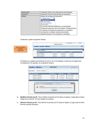 27
Fecha Inicio Calendario fecha inicio del período de evaluación
Fecha Fin Calendario fecha fin del período de evaluación
Estado Estado de la etapa de evaluación
En el inicio del año académico, se recomienda
mantener el periodo como Sin Evaluar. Posteriormente,
al iniciarse el proceso de evaluación y la posterior
culminación se deberá cambiar este estado,
respectivamente a En evaluación y Evaluado.
Finalmente, queda la siguiente ventana.
El sistema va a validar que las fechas de inicio y fin no se traslapen y evitar que se registre esa
inconsistencia. Por ejemplo, en la siguiente ventana:
b. Modificar Período por IE.- Para modificar el período por IE ubique el registro y luego elija el enlace
debajo de la columna “ID” para realizar los cambios.
c. Eliminar Período por IE.- Para eliminar el período por IE ubique el registro y luego pulse el botón
Eliminar (símbolo del aspa).
Enlace Modifica
Período
Evaluación
 