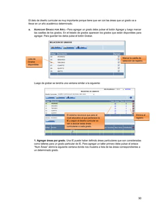 30
El dato de diseño curricular es muy importante porque tiene que ver con las áreas que un grado va a
llevar en un año académico determinado.
a. AGREGAR GRADO POR AÑO.- Para agregar un grado debe pulsar el botón Agregar y luego marcar
las casillas de los grados. En el listado de grados aparecen los grados que están disponibles para
agregar. Para guardar los datos pulse el botón Grabar.
Luego de grabar se tendría una ventana similar a la siguiente:
1. Agregar áreas por grado. Una IE puede haber definido áreas particulares que son consideradas
como talleres para un grado particular de IE. Para agregar un taller primero debe pulsar el enlace
“Num Áreas” abrirá la siguiente ventana donde nos muestra a lista de las áreas correspondientes a
un determinado grado.
Elimina el
registro
Lista de
Grados
disponibles
Marcar la casilla de
selección de registro.
El sistema reconoce que para el
nivel educativo al que pertenece la
IE y según el diseño curricular se
van a asociar estas áreas
curriculares a cada grado.
 