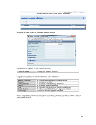 65
Al agregar un nuevo usuario se muestra la siguiente ventana:
Los datos que se ingresan en este mantenimiento son
Código de familiar El código que identifica al familiar
Luego de la búsqueda se muestra la información actual del familiar.
Apellidos y nombres Se muestran los apellidos y nombres del familiar
Domicilio Se muestran el domicilio
Centro de trabajo Se muestra el centro de trabajo del familiar.
Teléfono Se muestra el teléfono del familiar
Email Se muestra la cuenta de correo electrónico del familiar,
Cuenta Usuario Va indicar que está habilitado para ingresar al sistema
Usuario login Usuario con el cual va ingresar al sistema
Para la búsqueda de un familiar puede ingresar los apellidos y nombres o el DNI del familiar y después
pulse el botón “Buscar”
 