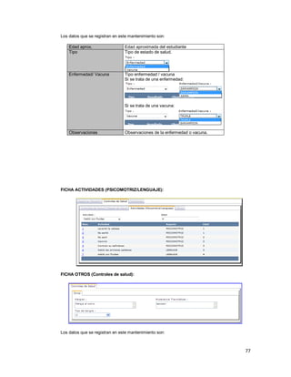 77
Los datos que se registran en este mantenimiento son:
Edad aprox. Edad aproximada del estudiante
Tipo Tipo de estado de salud.
Enfermedad/ Vacuna Tipo enfermedad / vacuna
Si se trata de una enfermedad:
Si se trata de una vacuna:
Observaciones Observaciones de la enfermedad o vacuna.
FICHA ACTIVIDADES (PSICOMOTRIZ/LENGUAJE):
FICHA OTROS (Controles de salud):
Los datos que se registran en este mantenimiento son:
 
