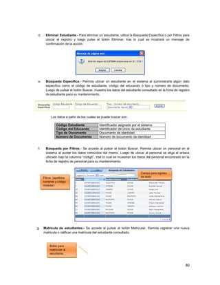 80
d. Eliminar Estudiante.- Para eliminar un estudiante, utilice la Búsqueda Específica o por Filtros para
ubicar el registro y luego pulse el botón Eliminar, tras lo cual se mostrará un mensaje de
confirmación de la acción.
e. Búsqueda Específica.- Permite ubicar un estudiante en el sistema al suministrarle algún dato
específico como el código de estudiante, código del educando ó tipo y número de documento.
Luego de pulsar el botón Buscar, muestra los datos del estudiante consultado en la ficha de registro
de estudiante para su mantenimiento.
Los datos a partir de los cuales se puede buscar son:
Código Estudiante Identificador asignado por el sistema
Código del Educando Identificador de único de estudiante
Tipo de Documento Documento de identidad
Número de Documento Número de documento de identidad
f. Búsqueda por Filtros.- Se accede al pulsar el botón Buscar. Permite ubicar un personal en el
sistema al acotar los datos conocidos del mismo. Luego de ubicar al personal se elige el enlace
ubicado bajo la columna “código”, tras lo cual se muestran los datos del personal encontrado en la
ficha de registro de personal para su mantenimiento.
g. Matricula de estudiantes.- Se accede al pulsar el botón Matricular. Permite registrar una nueva
matricula o ratificar una matrícula del estudiante consultado.
Campo para ingreso
de textoFiltros (apellidos
nombres y código
modular)
Botón para
matricular al
estudiante.
 