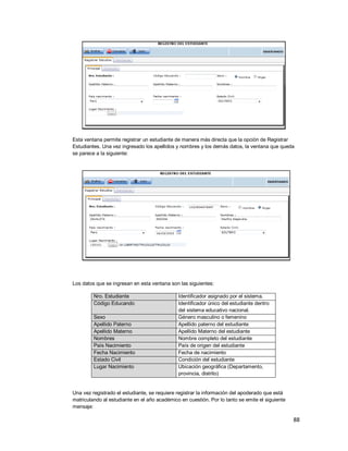 88
Esta ventana permite registrar un estudiante de manera más directa que la opción de Registrar
Estudiantes. Una vez ingresado los apellidos y nombres y los demás datos, la ventana que queda
se parece a la siguiente:
Los datos que se ingresan en esta ventana son las siguientes:
Nro. Estudiante Identificador asignado por el sistema.
Código Educando Identificador único del estudiante dentro
del sistema educativo nacional.
Sexo Género masculino o femenino
Apellido Paterno Apellido paterno del estudiante
Apellido Materno Apellido Materno del estudiante
Nombres Nombre completo del estudiante
País Nacimiento País de origen del estudiante
Fecha Nacimiento Fecha de nacimiento
Estado Civil Condición del estudiante
Lugar Nacimiento Ubicación geográfica (Departamento,
provincia, distrito)
Una vez registrado el estudiante, se requiere registrar la información del apoderado que está
matriculando al estudiante en el año académico en cuestión. Por lo tanto se emite el siguiente
mensaje:
 