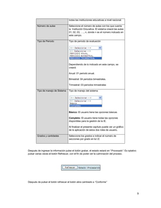 9
todas las instituciones educativas a nivel nacional.
Número de aulas Seleccione el número de aulas con los que cuenta
la Institución Educativa. El sistema creará las aulas
01, 02, 03, …., n, donde n es el número indicado en
este campo.
Tipo de Periodo Tipo de periodo de evaluación
Dependiendo de lo indicado en este campo, se
creará:
Anual: 01 periodo anual.
Bimestral: 04 periodos bimestrales.
Trimestral: 03 periodos trimestrales
Tipo de manejo de Sistema Tipo de manejo del sistema
Básico: El usuario tiene las opciones básicas
Completo: El usuario tiene todas las opciones
disponibles para la gestión de la IE.
Al finalizar el presente capítulo puede ver un gráfico
de la aplicación de estos dos roles de usuario.
Grados y cantidades Seleccione los grados e indicar el numero de
secciones por grado en la I.E
Después de ingresar la información pulse el botón grabar, el estado estará en “Procesado”. Es optativo
pulsar varias veces el botón Refrescar, con el fin de poder ver la culminación del proceso.
Después de pulsar el botón refrescar el botón abra cambiado a “Conforme”
 