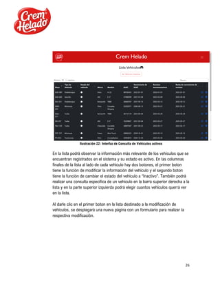 26
Ilustración 22: Interfaz de Consulta de Vehículos activos
En la lista podrá observar la información más relevante de los vehículos que se
encuentran registrados en el sistema y su estado es activo. En las columnas
finales de la lista al lado de cada vehículo hay dos botones, el primer boton
tiene la función de modificar la información del vehículo y el segundo boton
tiene la función de cambiar el estado del vehículo a “Inactivo”. También podrá
realizar una consulta especifica de un vehículo en la barra superior derecha a la
lista y en la parte superior izquierda podrá elegir cuantos vehículos querrá ver
en la lista.
Al darle clic en el primer boton en la lista destinado a la modificación de
vehículos, se desplegará una nueva página con un formulario para realizar la
respectiva modificación.
 
