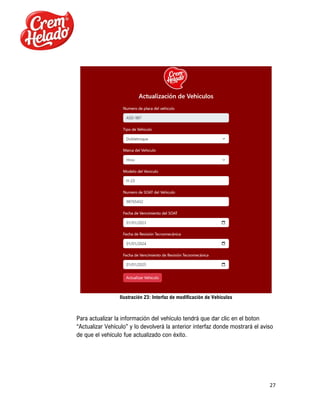 27
Ilustración 23: Interfaz de modificación de Vehículos
Para actualizar la información del vehículo tendrá que dar clic en el boton
“Actualizar Vehículo” y lo devolverá la anterior interfaz donde mostrará el aviso
de que el vehículo fue actualizado con éxito.
 