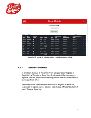 33
Ilustración 29: Interfaz de vehículos activos y aviso de activación exitosa.
4.5.3. Módulo de Recorridos
Al dar clic en el vínculo de “Recorridos” verá las opciones de “Registro de
Recorridos”, y “Consulta de Recorridos”. En el módulo de Recorridos podrá
registrar, consultar, modificar información y cambiar el estado del Recorrido de
la empresa Meals S.A.S.
Para el registro del Recorrido de clic en el vínculo “Registro de Recorrido”,
para realizar el registro, ingrese los datos respectivos y al finalizar de clic en el
boton “Registrar Recorrido”.
 