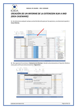 MANUAL DE USUARIO – IDEA CASEWARE
CANCHANYA LOPEZ MAURI PITTER Página 8 de 14
CREACIÓN DE UN INFORME DE LA EXTENCION XLM A IMD
(IDEA CASEWARE)
1.- Se seleccionacualquiercampoyse daclickderechoparaverlasopciones,se seleccionalaopción>
Crear Informe.
2.- Nos aparecerá la ventana > Asistente de Informes < donde seleccionaremos el tipo de informe a
crear,para continuarseleccionaremos >Siguiente <.
 
