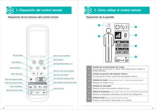 1. Disposición del control remoto                                                  2. Cómo utilizar el control remoto

         Disposición de los botones del control remoto                                             Disposición de la pantalla


                                                                                                                   1
                                                                                                                                                                                   3



                                                                                                                                                                                   4
                                                                                                                  2




                                                                                                                                                                                   5



                   Botón de encendido              Botón de modo automático
                                                                                                                                                                                   6
                                                   Botón Mode 2
                Botón Mode 1
                                                   Botón        Mode (Mode 3~9)

             Botón Up/Down              1      2
                                                                                                         Símbolo de reconocimiento del cuerpo
                                                                                                     1   Una vez que se reconoce el cuerpo, este símbolo gira y muestra el
                                                   Botón de modo semi-automático                         estado operativo.
                Botón de fuerza
                                                   Botón de modo manual
                                                                                                         Símbolo de posición del proyector interno
                                                                                                     2
                                                                                                         Se ilumina para mostrar la posición del proyector interno.
                                                   Botón del elemento de calentamiento principal
     Botón del proyector externo
                                                                                                         Símbolo de modo (Modo automático, modo 1~9, modo semi-automático/manual)
                                                                                                     3
     Botón del proyector interno                   Botón del elemento de calentamiento auxiliar          Muestra los modos en uso.
                                        Temp

              Botón Start/Pause                                                                          Símbolo de intensidad
                                                                                                     4
                                                   Botón del volumen                                     Muestra la fuerza del proyector interno en uso.
       Botón para selección de música
                                                                                                         Símbolo de temperatura (proyector externo-interno, elemento de calentamiento principal-auxiliar)
                                                                                                     5
                                                                                                         Muestra la temperatura estimada y los valores de configuración.

                                                                                                         Símbolo de sonido (Número de música, Start/Pause, volumen)
                                                                                                     6
                                                                                                         Muestra la información relacionada con el sonido.



18                                                                                                                                                                                                          19
 