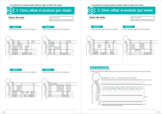 Los patrones de masaje pueden ajustarse según la altura del usuario.                                                                               Los patrones de masaje pueden ajustarse según la altura del usuario.


                     3. Cómo utilizar el producto (por modo)                                                                                                           3. Cómo utilizar el producto (por modo)

     Patrón del modo                                                                                  Escaneo                                          Patrón del modo                                                                                    Escaneo
                                                                                                  Acupresión térmica (88 segundos)                                                                                                                    Acupresión térmica (88 segundos




             Mode 4                                                             Mode 5                                                                            Mode 8                                                            Mode 9
     (Duración del modo: aprox. 36 minutos, 30 segundos)                   (Duración del modo: aprox. 36 minutos, 30 segundos)                          (Duración del modo: aprox. 36 minutos, 30 segundos)                    (Duración del modo: aprox. 36 minutos, 30 segundos)




       10 segundos                                                                  10 segundos                                                          10 segundos                                                                    10 segundos
          Espera                                                                       Espera                                                               Espera                                                                        Espera
                                                     Columna cervical 1                                                          Columna cervical 1                                                      Columna cervical 1                                                            Columna cervical 1
                                                     3                                                                           3                                                                       3                                                                             3
                                                     5                                                                           5                                                                       5                                                                             5
                                                     7                                                                           7                                                                       7                                                                             7
                                                     Vértebra torácica 2                                                         Vértebra torácica 2                                                     Vértebra torácica 2                                                           Vértebra torácica 2
                                                     4                                                                           4                                                                        4                                                                                4

                                                     6                                                                           6                                                                        6                                                                                6

                                                     8                                                                           8                                                                        8                                                                                8

                                                     10                                                                          10                                                                       10                                                                               10

                                                     12                                                                          12                                                                       12                                                                               12

                                                     Lumbar 2                                                                    Lumbar 2                                                                Lumbar 2                                                                      Lumbar 2
                                                     4                                                                           4                                                                        4                                                                                4

                                                     Sacro 1                                                                     Sacro 1                                                                 Sacro 1                                                                       Sacro 1


                                                     Sacro 3                                                                     Sacro 3                                                                 Sacro 3                                                                       Sacro 3




                                                                                                                                                        Modo semi-automático
              Mode 6                                                            Mode 7                                                                 (Duración del modo: aprox. 18 minutos)
                                                                                                                                                       El masaje se repite en una región específica. Esta región depende de la posición final de los proyectores internos.
     (Duración del modo: aprox. 36 minutos, 30 segundos)                   (Duración del modo: aprox. 36 minutos, 30 segundos)



                                                                                                                                                                                  Up&Down (3 veces) + acupresión térmica (60 segundos)
                                                                                                                                                                                                                                                                     Columna cervical 1
      10 segundos                                                                  10 segundos
                                                                                                                                                                                                                                                                     3
         Espera                                                                       Espera
                                                                                                                                 Columna cervical 1
                                                                                                                                                                                                                                                                     5
                                                     Columna cervical 1
                                                     3
                                                     5
                                                                                                                                 3
                                                                                                                                 5
                                                                                                                                                                                                                                                                     7
                                                     7                                                                           7                                                                                                                                   Vértebra torácica 2
                                                     Vértebra torácica 2                                                         Vértebra torácica 2
                                                     4                                                                           4                                                                                                                                    4
                                                     6                                                                           6
                                                     8                                                                           8
                                                                                                                                                                                                                                                                      6
                                                     10                                                                          10
                                                                                                                                                                                                                                                                      8
                                                     12                                                                          12

                                                     Lumbar 2                                                                    Lumbar 2                                                                                                                             10
                                                     4                                                                           4
                                                     Sacro 1                                                                     Sacro 1                                                                                                                              12

                                                     Sacro 3                                                                     Sacro 3                                                                                                                             Lumbar 2
                                                                                                                                                                                                                                                                      4
                                                                                                                                                                                                                                                                     Sacro 1


                                                                                                                                                                                                                                                                     Sacro 3
                                                                                                                                                                            ※   Los usuarios pueden ajustar la posición.




30                                                                                                                                                                                                                                                                                                       31
 