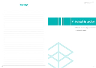 MEMO




            Ⅴ. Manual de servicio

               1. Explicación de la marca, entrega y almacenamiento

               2. Documentos adjuntos




40                                                           41
 