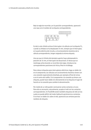 4. Simulación avanzada y diseño de circuitos
Bajo la regla de recorrido y en la posición correspondiente, aparecerá
una raya con el nombre de la etiqueta correspondiente:
Es decir, este cilindro activa el interruptor o la válvula con la etiqueta Y1,
cuando su émbolo se ha desplazado 35 mm, siempre que el interruptor,
en la parte eléctrica del circuito, o el accionamiento mecánico de la
válvula correspondiente, tengan asignada la misma etiqueta.
Una vez que el cilindro del ejemplo superior haya sobrepasado la
posición de 35 mm, el interruptor de desactivará. Si desea que se
mantenga activo durante un recorrido más largo, introduzca las
correspondientes posiciones de inicio y ﬁnal en el diálogo.
Para colocar etiquetas para interruptores eléctricos, haga un doble clic
en el componente; las válvulas con accionamiento mecánico vienen con
una conexión especialmente diseñada, por ejemplo al ﬁnal de la leva
o en el centro del rodillo. Si el componente o la conexión ya tienen una
etiqueta, puede hacer doble clic directamente en la etiqueta en lugar de
hacerlo en la conexión para cambiar la denominación.
Relé Por medio de un relé pueden conmutarse varios contactos a la vez.
Para ello es necesario, naturalmente, acoplar el relé con los contactos
correspondientes. En FluidSIM existen también etiquetas de relé con las
cuales se puede deﬁnir del modo habitual la pertenencia a contactos.
Si se hace un doble clic sobre el relé, aparecerá una ventana para los
nombres de etiqueta.
© Festo Didactic GmbH & Co. KG y Art Systems • FluidSIM 119
 