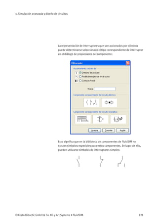 4. Simulación avanzada y diseño de circuitos
La representación de interruptores que son accionados por cilindros
puede determinarse seleccionado el tipo correspondiente de interruptor
en el diálogo de propiedades del componente:
Esto signiﬁca que en la biblioteca de componentes de FluidSIM no
existen símbolos especiales para estos componentes. En lugar de ello,
pueden utilizarse símbolos de interruptores simples:
© Festo Didactic GmbH & Co. KG y Art Systems • FluidSIM 121
 