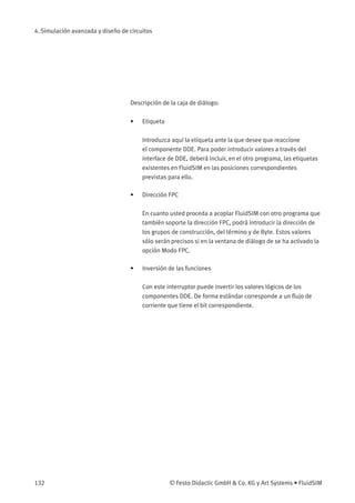 4. Simulación avanzada y diseño de circuitos
Descripción de la caja de diálogo:
• Etiqueta
Introduzca aquí la etiqueta ante la que desee que reaccione
el componente DDE. Para poder introducir valores a través del
interface de DDE, deberá incluir, en el otro programa, las etiquetas
existentes en FluidSIM en las posiciones correspondientes
previstas para ello.
• Dirección FPC
En cuanto usted proceda a acoplar FluidSIM con otro programa que
también soporte la dirección FPC, podrá introducir la dirección de
los grupos de construcción, del término y de Byte. Estos valores
sólo serán precisos si en la ventana de diálogo de se ha activado la
opción Modo FPC.
• Inversión de las funciones
Con este interruptor puede invertir los valores lógicos de los
componentes DDE. De forma estándar corresponde a un ﬂujo de
corriente que tiene el bit correspondiente.
132 © Festo Didactic GmbH & Co. KG y Art Systems • FluidSIM
 