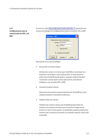 4. Simulación avanzada y diseño de circuitos
4.17
Conﬁguraciones para la
comunicación de OPC o de
DDE
Si hace clic sobre Opciones Conexión EasyPort/OPC/DDE ... , aparecerá una
ventana de diálogo con conﬁguraciones para la conexión OPC y DDE:
Descripción de la caja de diálogo:
• No permitir el control remoto
Señale este campo si no desea que FluidSIM se comunique con
EasyPorts conectados u otras aplicaciones. Si esta opción se
halla activa FluidSIM puede ignorar cualquier módulo EasyPort
conectado o puede ignorar otras aplicaciones, tratando de
establecer una conexión OPC o DDE.
• Conexión EasyPort directa
Seleccione esta opción si desea interconectar FluidSIM con otros
módulos EasyPort conectados localmente.
• Habilitar búfer de eventos
Habilite este campo si desea que FluidSIM guarde todos los
eventos y los procese de forma que el primero en llegar sea el
primero en salir. Si esta opción se deshabilita, pueden perderse los
eventos que se produzcan durante una elevada carga de cálculo del
ordenador.
© Festo Didactic GmbH & Co. KG y Art Systems • FluidSIM 133
 