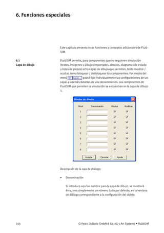 6. Funciones especiales
Este capítulo presenta otras funciones y conceptos adicionales de Fluid-
SIM.
6.1
Capa de dibujo
FluidSIM permite, para componentes que no requieren simulación
(textos, imágenes y dibujos importados, círculos, diagramas de estado
y listas de piezas) ocho capas de dibujo que permiten, tanto mostrar /
ocultar, como bloquear / desbloquear los componentes. Por medio del
menú Ver Capas... podrá ﬁjar individualmente las conﬁguraciones de las
capas y además dotarlas de una denominación. Los componentes de
FluidSIM que permiten la simulación se encuentran en la capa de dibujo
1.
Descripción de la caja de diálogo:
• Denominación
Si introduce aquí un nombre para la capa de dibujo, se mostrará
ésta, y no simplemente un número dado por defecto, en la ventana
de diálogo correspondiente a la conﬁguración del objeto.
164 © Festo Didactic GmbH & Co. KG y Art Systems • FluidSIM
 