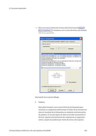 6. Funciones especiales
> Abra una nueva ventana de circuito, seleccione el punto Insertar /
Buscar componente... e introduzca uno o varios términos; por ejemplo
válvula,presión.
Descripción de la caja de diálogo:
• Palabras
Aquí podrá introducir uno o varios términos de búsqueda para
encontrar un componente determinado. El orden de los términos no
altera el resultado de la búsqueda y se aceptarán asimismo partes
de palabras. Si no está seguro de cómo se escribe exactamente el
término, reparta la denominación del componente en segmentos
cortos y separe las palabras por medio de comas o de espacios.
© Festo Didactic GmbH & Co. KG y Art Systems • FluidSIM 201
 