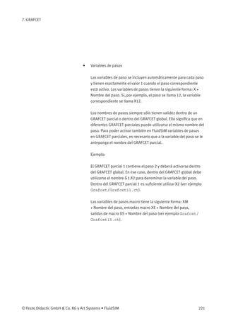 7. GRAFCET
• Variables de pasos
Las variables de paso se incluyen automáticamente para cada paso
y tienen exactamente el valor 1 cuando el paso correspondiente
está activo. Las variables de pasos tienen la siguiente forma: X +
Nombre del paso. Si, por ejemplo, el paso se llama 12, la variable
correspondiente se llama X12.
Los nombres de pasos siempre sólo tienen validez dentro de un
GRAFCET parcial o dentro del GRAFCET global. Ello signiﬁca que en
diferentes GRAFCET parciales puede utilizarse el mismo nombre del
paso. Para poder activar también en FluidSIM variables de pasos
en GRAFCET parciales, es necesario que a la variable del paso se le
anteponga el nombre del GRAFCET parcial.
Ejemplo:
El GRAFCET parcial 1 contiene el paso 2 y deberá activarse dentro
del GRAFCET global. En ese caso, dentro del GRAFCET global debe
utilizarse el nombre G1.X2 para denominar la variable del paso.
Dentro del GRAFCET parcial 1 es suﬁciente utilizar X2 (ver ejemplo
Grafcet/Grafcet11.ct).
Las variables de pasos macro tiene la siguiente forma: XM
+ Nombre del paso, entradas macro XE + Nombre del paso,
salidas de macro XS + Nombre del paso (ver ejemplo Grafcet/
Grafcet15.ct).
© Festo Didactic GmbH & Co. KG y Art Systems • FluidSIM 221
 