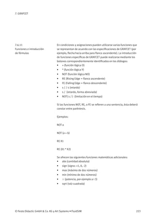 7. GRAFCET
7.6.11
Funciones e introducción
de fórmulas
En condiciones y asignaciones pueden utilizarse varias funciones que
se representan de acuerdo con las especiﬁcaciones de GRAFCET (por
ejemplo, ﬂecha hacia arriba para ﬂanco ascendente). La introducción
de funciones especíﬁcas de GRAFCET puede realizarse mediante los
botones correspondientemente identiﬁcados en los diálogos:
• + (función lógica O)
• * (función lógica Y)
• NOT (función lógica NO)
• RE (Rising Edge = ﬂanco ascendente)
• FE (Falling Edge = ﬂanco descendente)
• s / / s (retardo)
• s / (retardo, forma abreviada)
• NOT( s / ) (limitación en el tiempo)
Si las funciones NOT, RE, o FE se reﬁeren a una sentencia, ésta deberá
constar entre paréntesis.
Ejemplos:
NOT a
NOT (a + b)
RE X1
RE (X1 * X2)
Se ofrecen las siguientes funciones matemáticas adicionales:
• abs (cantidad absoluta)
• sign (signo: +1, 0, -2)
• max (máximo de dos números)
• min (mínimo de dos números)
• ∧ (potencia, por ejemplo a∧3)
• sqrt (raíz cuadrada)
© Festo Didactic GmbH & Co. KG y Art Systems • FluidSIM 223
 