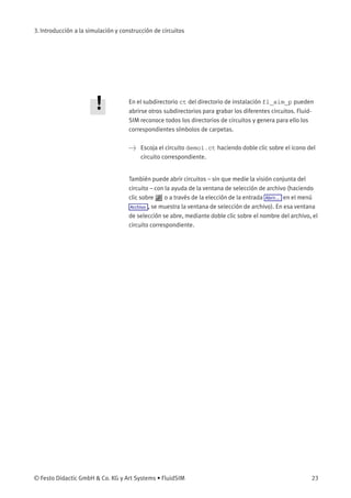 3. Introducción a la simulación y construcción de circuitos
En el subdirectorio ct del directorio de instalación fl_sim_p pueden
abrirse otros subdirectorios para grabar los diferentes circuitos. Fluid-
SIM reconoce todos los directorios de circuitos y genera para ello los
correspondientes símbolos de carpetas.
> Escoja el circuito demo1.ct haciendo doble clic sobre el icono del
circuito correspondiente.
También puede abrir circuitos – sin que medie la visión conjunta del
circuito – con la ayuda de la ventana de selección de archivo (haciendo
clic sobre o a través de la elección de la entrada Abrir... en el menú
Archivo , se muestra la ventana de selección de archivo). En esa ventana
de selección se abre, mediante doble clic sobre el nombre del archivo, el
circuito correspondiente.
© Festo Didactic GmbH & Co. KG y Art Systems • FluidSIM 23
 