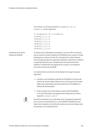 8. Ayuda e indicaciones complementarias
Los archivos shw de la presentación fundamentos de la
neumática son los siguientes:
01 Fundamentos de la neumática
didap3_1_1_1.ct
didap3_1_1_2.ct
didap3_1_1_3.ct
didap3_1_1_4.ct
didap3_1_1_5.ct
didap3_1_1_6.ct
Instalación de la red de
trabajo de FluidSIM
Si existen varios ordenadores conectados a una red, sólo es necesario
que se instale la versión completa de FluidSIM una vez, ya que si instala
el programa en cada uno de los PC, necesitará otras tantas licencias.
Este concepto persigue los siguientes propósitos: aprovechar al máximo
la capacidad del disco duro, simpliﬁcación del mantenimiento del
software, la distribución más rápida de los circuitos o la instalación
de nuevas versiones de FluidSIM.
La instalación de la versión de red de trabajo ha de seguir los pasos
siguientes:
> Introduzca una instalación estándar de FluidSIM en el archivo del
sistema de red de trabajo. Debe tener en cuenta que los PC locales
deben estar autorizados para leer los ﬁcheros de FluidSIM en el
sistema de red de trabajo.
> Utilice la opción de red de trabajo cuando instale FluidSIM en
un PC local llamando a los programas de instalación de la forma
siguiente: install.exe-N
Durante la instalación en un ordenador local, el programa preguntará
por la ruta de red del directorio bin de FluidSIM. FluidSIM tiene que
haber sido instalado en el archivo del sistema de la red de trabajo antes
de proceder a una instalación local.
© Festo Didactic GmbH & Co. KG y Art Systems • FluidSIM 235
 