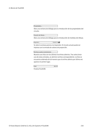 A. Menús de FluidSIM
Propiedades...
Abre una ventana de diálogo para la introducción de las propiedades del
circuito.
Tamaño del dibujo...
Abre una ventana de diálogo para la introducción de medidas del dibujo.
Imprimir... Cotrol +I
Se abre la ventana previa a la impresión. El circuito actual puede ser
impreso con la entrada de valores de proporción.
Archivos usados recientemente
Muestra una lista con los últimos 8 archivos abiertos. Tras seleccionar
una de estas entradas, se abrirá el archivo correspondiente. La lista se
encuentra ordenada de tal manera que el archivo abierto por última vez
aparece en primer lugar.
Salir Alt+F4
Finaliza FluidSIM.
© Festo Didactic GmbH & Co. KG y Art Systems • FluidSIM 239
 