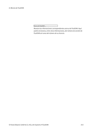 A. Menús de FluidSIM
Acerca de FluidSIM ...
Muestra las informaciones correspondientes acerca de FluidSIM. Aquí
podrá cerciorarse, entre otras informaciones, del número de versión de
FluidSIM así como del número de su licencia.
© Festo Didactic GmbH & Co. KG y Art Systems • FluidSIM 253
 