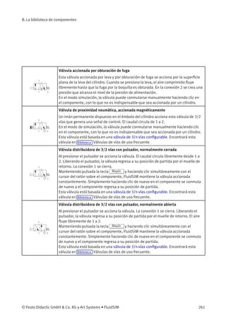 B. La biblioteca de componentes
Válvula accionada por obturación de fuga
Esta válvula accionada por leva y por obturación de fuga se acciona por la superﬁcie
plana de la leva del cilindro. Cuando se presiona la leva, el aire comprimido ﬂuye
libremente hasta que la fuga por la boquilla es obturada. En la conexión 2 se crea una
presión que alcanza el nivel de la presión de alimentación.
En el modo simulación, la válvula puede conmutarse manualmente haciendo clic en
el componente, con lo que no es indispensable que sea accionada por un cilindro.
Válvula de proximidad neumática, accionada magnéticamente
Un imán permanente dispuesto en el émbolo del cilindro acciona esta válvula de 3/2
vías que genera una señal de control. El caudal circula de 1 a 2.
En el modo de simulación, la válvula puede conmutarse manualmente haciendo clic
en el componente, con lo que no es indispensable que sea accionada por un cilindro.
Esta válvula está basada en una válvula de 3/n vías conﬁgurable. Encontrará esta
válvula en Biblioteca Válvulas de vías de uso frecuente
Válvula distribuidora de 3/2 vías con pulsador, normalmente cerrada
Al presionar el pulsador se acciona la válvula. El caudal circula libremente desde 1 a
2. Liberando el pulsador, la válvula regresa a su posición de partida por el muelle de
retorno. La conexión 1 se cierra.
Manteniendo pulsada la tecla Mayús y haciendo clic simultáneamente con el
cursor del ratón sobre el componente, FluidSIM mantiene la válvula accionada
constantemente. Simplemente haciendo clic de nuevo en el componente se conmuta
de nuevo y el componente regresa a su posición de partida.
Esta válvula está basada en una válvula de 3/n vías conﬁgurable. Encontrará esta
válvula en Biblioteca Válvulas de vías de uso frecuente.
Válvula distribuidora de 3/2 vías con pulsador, normalmente abierta
Al presionar el pulsador se acciona la válvula. La conexión 1 se cierra. Liberando el
pulsador, la válvula regresa a su posición de partida por el muelle de retorno. El aire
ﬂuye libremente de 1 a 2.
Manteniendo pulsada la tecla Mayús y haciendo clic simultáneamente con el
cursor del ratón sobre el componente, FluidSIM mantiene la válvula accionada
constantemente. Simplemente haciendo clic de nuevo en el componente se conmuta
de nuevo y el componente regresa a su posición de partida.
Esta válvula está basada en una válvula de 3/n vías conﬁgurable. Encontrará esta
válvula en Biblioteca Válvulas de vías de uso frecuente.
© Festo Didactic GmbH & Co. KG y Art Systems • FluidSIM 261
 