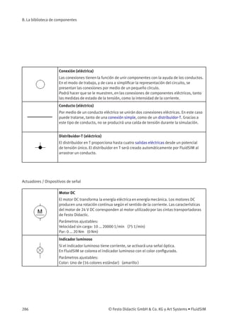 B. La biblioteca de componentes
Conexión (eléctrica)
Las conexiones tienen la función de unir componentes con la ayuda de los conductos.
En el modo de trabajo, y de cara a simpliﬁcar la representación del circuito, se
presentan las conexiones por medio de un pequeño círculo.
Podrá hacer que se le muestren, en las conexiones de componentes eléctricos, tanto
las medidas de estado de la tensión, como la intensidad de la corriente.
Conducto (eléctrico)
Por medio de un conducto eléctrico se unirán dos conexiones eléctricas. En este caso
puede tratarse, tanto de una conexión simple, como de un distribuidor-T. Gracias a
este tipo de conducto, no se producirá una caída de tensión durante la simulación.
Distribuidor-T (eléctrico)
El distribuidor en T proporciona hasta cuatro salidas eléctricas desde un potencial
de tensión único. El distribuidor en T será creado automáticamente por FluidSIM al
arrastrar un conducto.
Actuadores / Dispositivos de señal
Motor DC
El motor DC transforma la energía eléctrica en energía mecánica. Los motores DC
producen una rotación continua según el sentido de la corriente. Las características
del motor de 24 V DC corresponden al motor utilizado por las cintas transportadoras
de Festo Didactic.
Parámetros ajustables:
Velocidad sin carga: 10 ... 20000 1/min (75 1/min)
Par: 0 ... 20 Nm (0 Nm)
Indicador luminoso
Si el indicador luminoso tiene corriente, se activará una señal óptica.
En FluidSIM se colorea el indicador luminoso con el color conﬁgurado.
Parámetros ajustables:
Color: Uno de {16 colores estándar} (amarillo)
286 © Festo Didactic GmbH & Co. KG y Art Systems • FluidSIM
 