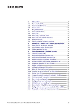 Índice general
1. ¡Bienvenido! 7
1.1 Acerca de FluidSIM 8
1.2 Organización del manual 9
1.3 Convenciones 10
2. Los primeros pasos 12
2.1 Condiciones técnicas 12
2.2 Instalación 12
2.2.1 Instalación y activación online 13
2.2.2 Instalación con Conector de licencia 14
2.3 Archivos incluidos 16
2.4 Desinstalación de la licencia individual 17
3. Introducción a la simulación y construcción de circuitos 18
3.1 Simulación de los circuitos incluidos 21
3.2 Los diferentes modos de simulación 28
3.3 Diseño de nuevos circuitos 29
4. Simulación avanzada y diseño de circuitos 51
4.1 Símbolos conﬁgurables 51
4.2 Funciones de edición suplementarias 64
4.3 Funciones de simulación suplementarias 74
4.4 Presentación del conexionado automático 76
4.5 Enumeración del circuito/tablas de elementos de ... 77
4.6 Diagramas de asignación de terminales 78
4.7 Valores medidos 81
4.8 Indicación de diagramas de estado 84
4.9 Editor de diagrama funcional 90
4.9.1 Ajuste de la representación de los diagramas 96
4.10 Control de gráﬁcos 106
4.11 Acoplamiento de Neumática, Electricidad y Mecánica 108
4.12 Accionamiento de interruptores 117
4.13 Componentes conﬁgurables 122
4.14 Conﬁguraciones para la simulación 123
4.15 Utilización del hardware EasyPort 127
4.16 Comunicación OPC y DDE con otras aplicaciones 130
4.17 Conﬁguraciones para la comunicación de OPC o de DDE 133
4.18 Regulación en bucle abierto y en bucle cerrado 135
© Festo Didactic GmbH & Co. KG y Art Systems • FluidSIM 3
 