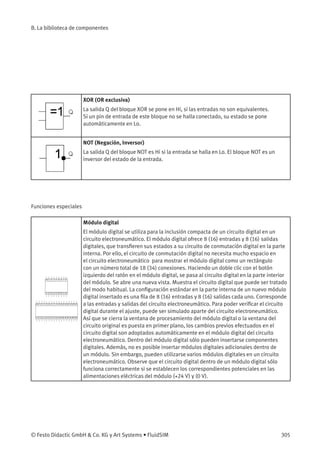 B. La biblioteca de componentes
XOR (OR exclusiva)
La salida Q del bloque XOR se pone en Hi, si las entradas no son equivalentes.
Si un pin de entrada de este bloque no se halla conectado, su estado se pone
automáticamente en Lo.
NOT (Negación, Inversor)
La salida Q del bloque NOT es Hi si la entrada se halla en Lo. El bloque NOT es un
inversor del estado de la entrada.
Funciones especiales
Módulo digital
El módulo digital se utiliza para la inclusión compacta de un circuito digital en un
circuito electroneumático. El módulo digital ofrece 8 (16) entradas y 8 (16) salidas
digitales, que transﬁeren sus estados a su circuito de conmutación digital en la parte
interna. Por ello, el circuito de conmutación digital no necesita mucho espacio en
el circuito electroneumático para mostrar el módulo digital como un rectángulo
con un número total de 18 (34) conexiones. Haciendo un doble clic con el botón
izquierdo del ratón en el módulo digital, se pasa al circuito digital en la parte interior
del módulo. Se abre una nueva vista. Muestra el circuito digital que puede ser tratado
del modo habitual. La conﬁguración estándar en la parte interna de un nuevo módulo
digital insertado es una ﬁla de 8 (16) entradas y 8 (16) salidas cada uno. Corresponde
a las entradas y salidas del circuito electroneumático. Para poder veriﬁcar el circuito
digital durante el ajuste, puede ser simulado aparte del circuito electroneumático.
Así que se cierra la ventana de procesamiento del módulo digital o la ventana del
circuito original es puesta en primer plano, los cambios previos efectuados en el
circuito digital son adoptados automáticamente en el módulo digital del circuito
electroneumático. Dentro del módulo digital sólo pueden insertarse componentes
digitales. Además, no es posible insertar módulos digitales adicionales dentro de
un módulo. Sin embargo, pueden utilizarse varios módulos digitales en un circuito
electroneumático. Observe que el circuito digital dentro de un módulo digital sólo
funciona correctamente si se establecen los correspondientes potenciales en las
alimentaciones eléctricas del módulo (+24 V) y (0 V).
© Festo Didactic GmbH & Co. KG y Art Systems • FluidSIM 305
 