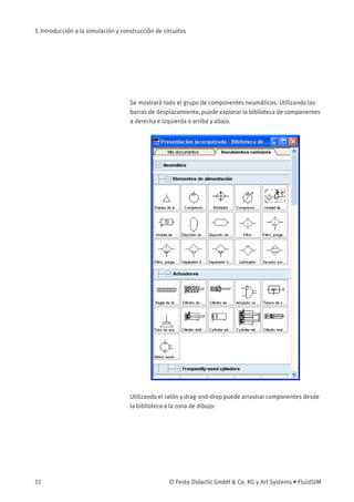 3. Introducción a la simulación y construcción de circuitos
Se mostrará todo el grupo de componentes neumáticos. Utilizando las
barras de desplazamiento, puede explorar la biblioteca de componentes
a derecha e izquierda o arriba y abajo.
Utilizando el ratón y drag-and-drop puede arrastrar componentes desde
la biblioteca a la zona de dibujo:
32 © Festo Didactic GmbH & Co. KG y Art Systems • FluidSIM
 