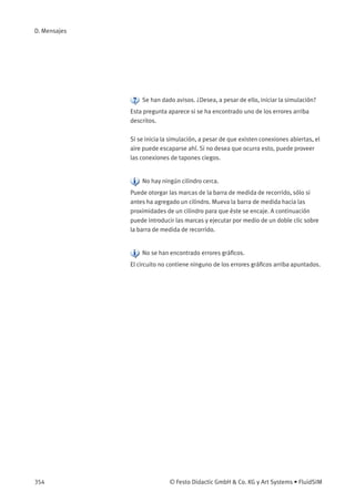 D. Mensajes
Se han dado avisos. ¿Desea, a pesar de ello, iniciar la simulación?
Esta pregunta aparece si se ha encontrado uno de los errores arriba
descritos.
Si se inicia la simulación, a pesar de que existen conexiones abiertas, el
aire puede escaparse ahí. Si no desea que ocurra esto, puede proveer
las conexiones de tapones ciegos.
No hay ningún cilindro cerca.
Puede otorgar las marcas de la barra de medida de recorrido, sólo si
antes ha agregado un cilindro. Mueva la barra de medida hacia las
proximidades de un cilindro para que éste se encaje. A continuación
puede introducir las marcas y ejecutar por medio de un doble clic sobre
la barra de medida de recorrido.
No se han encontrado errores gráﬁcos.
El circuito no contiene ninguno de los errores gráﬁcos arriba apuntados.
354 © Festo Didactic GmbH & Co. KG y Art Systems • FluidSIM
 