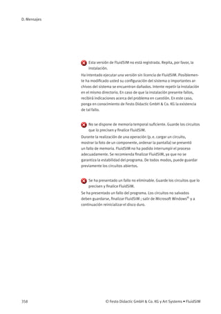 D. Mensajes
Esta versión de FluidSIM no está registrada. Repita, por favor, la
instalación.
Ha intentado ejecutar una versión sin licencia de FluidSIM. Posiblemen-
te ha modiﬁcado usted su conﬁguración del sistema o importantes ar-
chivos del sistema se encuentran dañados. Intente repetir la instalación
en el mismo directorio. En caso de que la instalación presente fallos,
recibirá indicaciones acerca del problema en cuestión. En este caso,
ponga en conocimiento de Festo Didactic GmbH & Co. KG la existencia
de tal fallo.
No se dispone de memoria temporal suﬁciente. Guarde los circuitos
que lo precisen y ﬁnalice FluidSIM.
Durante la realización de una operación (p. e. cargar un circuito,
mostrar la foto de un componente, ordenar la pantalla) se presentó
un fallo de memoria. FluidSIM no ha podido interrumpir el proceso
adecuadamente. Se recomienda ﬁnalizar FluidSIM, ya que no se
garantiza la estabilidad del programa. De todos modos, puede guardar
previamente los circuitos abiertos.
Se ha presentado un fallo no eliminable. Guarde los circuitos que lo
precisen y ﬁnalice FluidSIM.
Se ha presentado un fallo del programa. Los circuitos no salvados
deben guardarse, ﬁnalizar FluidSIM ; salir de Microsoft Windows®
y a
continuación reinicializar el disco duro.
358 © Festo Didactic GmbH & Co. KG y Art Systems • FluidSIM
 