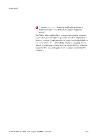 D. Mensajes
El circuito archivo.ct se estaba modiﬁcando al ﬁnalizar de
modo incorrecto la sesión de FluidSIM. ¿Desea recuperar el
archivo?
FluidSIM ha sido cerrado de forma imprevista, el programa, sin embar-
go, creará un archivo recuperado que podrá reconstruir ampliamente el
circuito a modiﬁcar. Si ha respondido con sí la pregunta, FluidSIM abrirá
una nueva ventana con el contenido del circuito. El archivo del mismo
nombre guardado anteriormente permanece inalterado. Tras haber ana-
lizado el archivo restaurado podrá decicir si desea reescribir el archivo
existente.
© Festo Didactic GmbH & Co. KG y Art Systems • FluidSIM 359
 