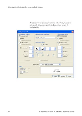 3. Introducción a la simulación y construcción de circuitos
Para determinar el tipo de accionamiento de la válvula, haga doble
clic sobre la válvula correspondiente. Se abrirá una ventana de
conﬁguración:
36 © Festo Didactic GmbH & Co. KG y Art Systems • FluidSIM
 