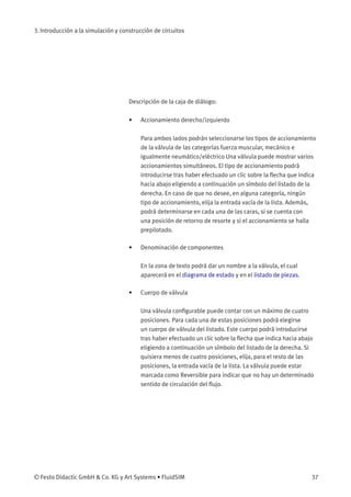 3. Introducción a la simulación y construcción de circuitos
Descripción de la caja de diálogo:
• Accionamiento derecho/izquierdo
Para ambos lados podrán seleccionarse los tipos de accionamiento
de la válvula de las categorías fuerza muscular, mecánico e
igualmente neumático/eléctrico Una válvula puede mostrar varios
accionamientos simultáneos. El tipo de accionamiento podrá
introducirse tras haber efectuado un clic sobre la ﬂecha que indica
hacia abajo eligiendo a continuación un símbolo del listado de la
derecha. En caso de que no desee, en alguna categoría, ningún
tipo de accionamiento, elija la entrada vacía de la lista. Además,
podrá determinarse en cada una de las caras, si se cuenta con
una posición de retorno de resorte y si el accionamiento se halla
prepilotado.
• Denominación de componentes
En la zona de texto podrá dar un nombre a la válvula, el cual
aparecerá en el diagrama de estado y en el listado de piezas.
• Cuerpo de válvula
Una válvula conﬁgurable puede contar con un máximo de cuatro
posiciones. Para cada una de estas posiciones podrá elegirse
un cuerpo de válvula del listado. Este cuerpo podrá introducirse
tras haber efectuado un clic sobre la ﬂecha que indica hacia abajo
eligiendo a continuación un símbolo del listado de la derecha. Si
quisiera menos de cuatro posiciones, elija, para el resto de las
posiciones, la entrada vacía de la lista. La válvula puede estar
marcada como Reversible para indicar que no hay un determinado
sentido de circulación del ﬂujo.
© Festo Didactic GmbH & Co. KG y Art Systems • FluidSIM 37
 