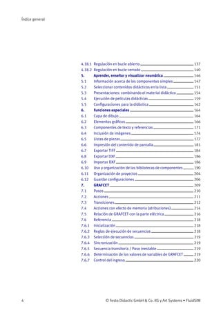 Índice general
4.18.1 Regulación en bucle abierto 137
4.18.2 Regulación en bucle cerrado 140
5. Aprender, enseñar y visualizar neumática 146
5.1 Información acerca de los componentes simples 147
5.2 Seleccionar contenidos didácticos en la lista 151
5.3 Presentaciones: combinando el material didáctico 154
5.4 Ejecución de películas didácticas 159
5.5 Conﬁguraciones para la didáctica 162
6. Funciones especiales 164
6.1 Capa de dibujo 164
6.2 Elementos gráﬁcos 166
6.3 Componentes de texto y referencias 171
6.4 Inclusión de imágenes 174
6.5 Listas de piezas 177
6.6 Impresión del contenido de pantalla 181
6.7 Exportar TIFF 184
6.8 Exportar DXF 186
6.9 Importar DXF 186
6.10 Uso y organización de las bibliotecas de componentes 190
6.11 Organización de proyectos 204
6.12 Guardar conﬁguraciones 206
7. GRAFCET 209
7.1 Pasos 210
7.2 Acciones 211
7.3 Transiciones 212
7.4 Acciones con efecto de memoria (atribuciones) 214
7.5 Relación de GRAFCET con la parte eléctrica 216
7.6 Referencia 218
7.6.1 Inicialización 218
7.6.2 Reglas de ejecución de secuencias 218
7.6.3 Selección de secuencias 219
7.6.4 Sincronización 219
7.6.5 Secuencia transitoria / Paso inestable 219
7.6.6 Determinación de los valores de variables de GRAFCET 219
7.6.7 Control del ingreso 220
4 © Festo Didactic GmbH & Co. KG y Art Systems • FluidSIM
 