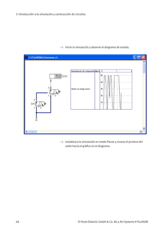 3. Introducción a la simulación y construcción de circuitos
> Inicie la simulación y observe el diagrama de estado.
> establezca la simulación en modo Pause y mueva el puntero del
ratón hacia el gráﬁco en el diagrama.
48 © Festo Didactic GmbH & Co. KG y Art Systems • FluidSIM
 
