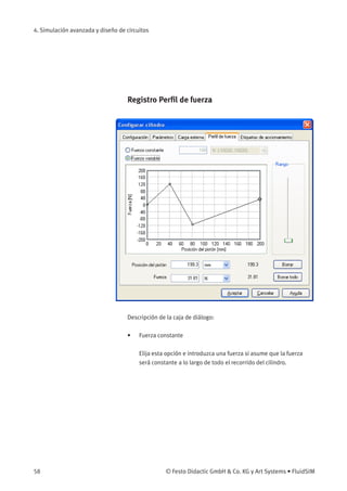 4. Simulación avanzada y diseño de circuitos
Registro Perﬁl de fuerza
Descripción de la caja de diálogo:
• Fuerza constante
Elija esta opción e introduzca una fuerza si asume que la fuerza
será constante a lo largo de todo el recorrido del cilindro.
58 © Festo Didactic GmbH & Co. KG y Art Systems • FluidSIM
 