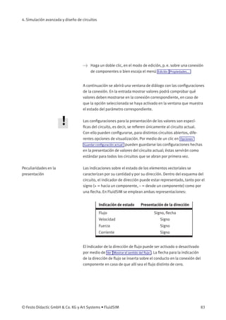 4. Simulación avanzada y diseño de circuitos
> Haga un doble clic, en el modo de edición, p. e. sobre una conexión
de componentes o bien escoja el menú Edición Propiedades...
A continuación se abrirá una ventana de diálogo con las conﬁguraciones
de la conexión. En la entrada mostrar valores podrá comprobar qué
valores deben mostrarse en la conexión correspondiente, en caso de
que la opción seleccionada se haya activado en la ventana que muestra
el estado del parámetro correspondiente.
Las conﬁguraciones para la presentación de los valores son especí-
ﬁcas del circuito, es decir, se reﬁeren únicamente al circuito actual.
Con ello pueden conﬁgurarse, para distintos circuitos abiertos, dife-
rentes opciones de visualización. Por medio de un clic en Opciones
Guardar conﬁguración actual pueden guardarse las conﬁguraciones hechas
en la presentación de valores del circuito actual; éstas servirán como
estándar para todos los circuitos que se abran por primera vez.
Peculiaridades en la
presentación
Las indicaciones sobre el estado de los elementos vectoriales se
caracterizan por su cantidad y por su dirección. Dentro del esquema del
circuito, el indicador de dirección puede estar representado, tanto por el
signo (+ = hacia un componente, – = desde un componente) como por
una ﬂecha. En FluidSIM se emplean ambas representaciones:
Indicación de estado Presentación de la dirección
Flujo Signo, ﬂecha
Velocidad Signo
Fuerza Signo
Corriente Signo
El indicador de la dirección de ﬂujo puede ser activado o desactivado
por medio de Ver Mostrar el sentido del ﬂujo . La ﬂecha para la indicación
de la dirección de ﬂujo se inserta sobre el conducto en la conexión del
componente en caso de que allí sea el ﬂujo distinto de cero.
© Festo Didactic GmbH & Co. KG y Art Systems • FluidSIM 83
 