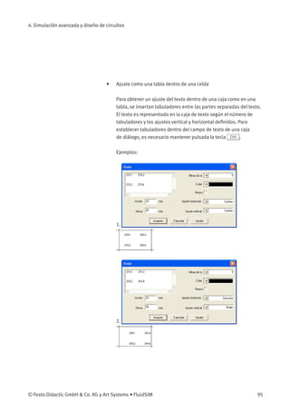 4. Simulación avanzada y diseño de circuitos
• Ajuste como una tabla dentro de una celda
Para obtener un ajuste del texto dentro de una caja como en una
tabla, se insertan tabuladores entre las partes separadas del texto.
El texto es representado en la caja de texto según el número de
tabuladores y los ajustes vertical y horizontal deﬁnidos. Para
establecer tabuladores dentro del campo de texto de una caja
de diálogo, es necesario mantener pulsada la tecla Ctrl .
Ejemplos:
1.
2.
© Festo Didactic GmbH & Co. KG y Art Systems • FluidSIM 95
 
