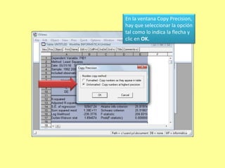 Para importar un gráfico a Word el primer pasó será, luego de buscar el gráfico deseado, ir al menú de herramientas principales. Edit/Copy.Inmediatamente  será esta la ventana que aparece, debe seleccionar la opción señala por la flecha. Luego Clic en OK