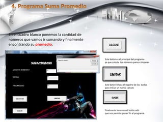 Este botón es el principal del programa
ya que calcula los números pares e impares
Este botón limpia el registro de los dados
para iniciar un nuevo calculo
Finalmente tenemos el botón salir
que nos permite poner fin al programa.
En el cuadro blanco ponemos la cantidad de
números que vamos ir sumando y finalmente
encontrando su promedio.
 